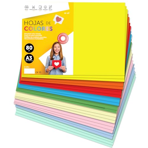 Colourful Paper A3 80 g for Printers & Crafts, Coloured Sheets for Children, Creative Projects, Cards & School m-Office (500 Sheets, Assorted Pastel + Strong)