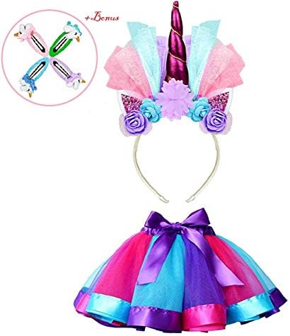 Girls Rainbow Tutus Layered Unicorn Skirt Tulle Costume for Kids Dress up with Unicorn Headband