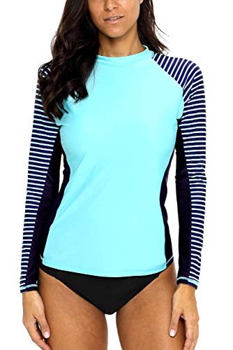 CharmLeaks Swim Shirts Women UV Rash Guard Striped Swim Shirt Long Sleeve Swim Tops XXL