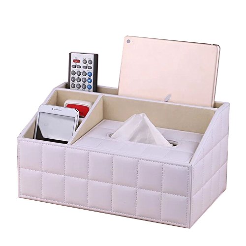 UnionBasic Multifunctional PU Leather Office Desk Organizer iPad Notebook File Box Holder Business Card/Pen/Pencil/Mobile Phone/Stationery Holder Storage Organizer Small Tissue Box (Plaid White - New)