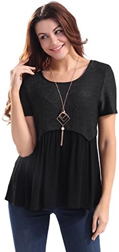 Lztlylzt Women's Scoop Neck Short Sleeve Flowy Blouse Tunic Top(XL,Black)