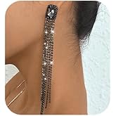 Wekicici Black Crystal Chandelier Tassel Earrings Long Rhinestone Tassel Strand Earrings Drop Dangle Earrings for Women Valentine's Day Wedding(Black)