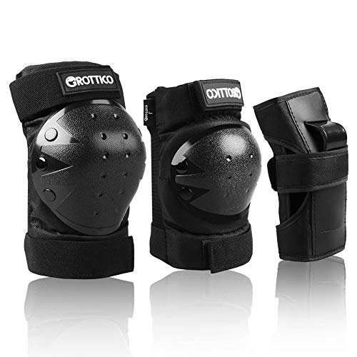 GROTTICO Knee-Elbow-Pads Wrist Guards for Kids-Youth-Adult - 3 in 1 Protective Gear Set for Skateboard Hoverboard Rollerblade Inline Skate BMX Bike Scooter