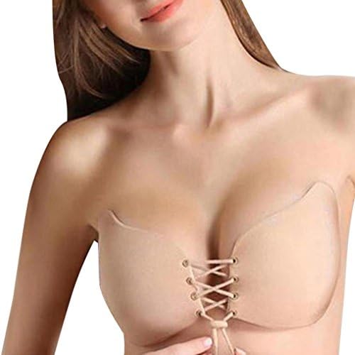 MMUA Women Ladies Girls Fashion Sexy Strapless Instant Breast Lift Invisible Silicone Push Up Bra Solid Wire FreComfortable Intimates Lingerie Underwear Sleepwear Bustier Charming Gift (B, Khaki)