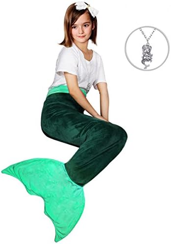 Maidream Mermaid Tail Blanket Upgraded Double-layered Soft Cozy Fleece Warm Sleeping Bag with Necklace Gift for Kids and Teens(Ages 3-12) (Dark Green/Light Green)