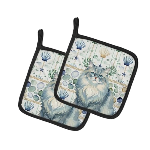 Caroline's Treasures Persian Blue Cat Coastal Sea Glass Pair of Pot Holders Pai…