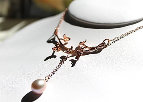 Rose gold chain choker with cherry tree branch centerpiece and a pale pink Akoya pearl