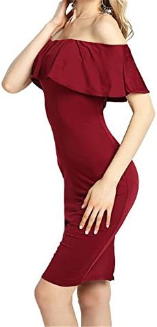 Women's Off Shoulder Ruffle Sexy Bodycon Fitted Midi Party Dress