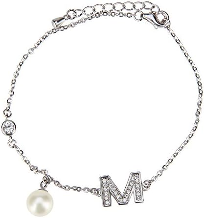 LGSY 1PCS Abjustable 925 Sterling Silver M Anchor Bracelet With Round Akoya Pearl Of 7-8mm