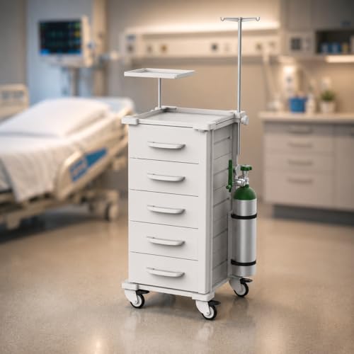 Carrinho de Emergência Hospitalar 5 Gavetas com Equipamentos e Tampo Inox | Carrinho para UTI, Clínicas, Procedimentos e Hospitais | MAD.U