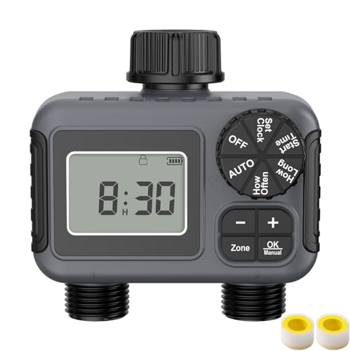 vantisan Temporizador de riego 2 Zonas Programable para Manguera 2 Salidas, con Modo automático, Manual y retardo por Lluvia para Plantas, Césped y Jardines