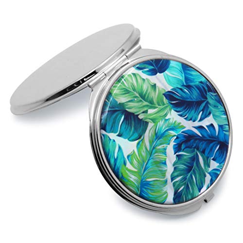 Makeup-Compact-Pocket-Mirror-Mother-of-Pearl-Metal-Round-Double-Sided-Folding-Magnify-Tropical-Palm-Leaves-Green