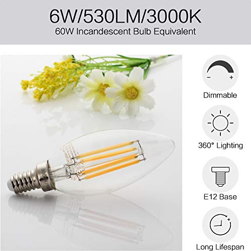 LED Candelabra Bulb, Boncoo Dimmable LED Chandelier Light Bulbs 6W 3000K Soft White Filament LED Candle Bulbs 60W Incandescent Equivalent B11 530 Lumen E12 Base Clear Glass Decorative Bulb 6 Packs - Thumbnail 2