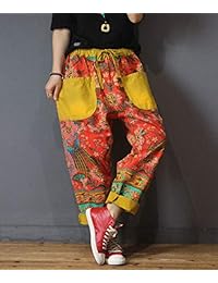 yesno PR2 damaes Casual Holgado Pantalones pirata para dama Jeans florales color de contraste bajo entrepierna parcheado bolsillos