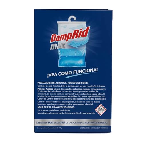 DampRid Max Absorbente de Humedad para Colgar en Armarios. Deshumidificador que Atrapa el Exceso de Humedad y Elimina el Olor a Humedad. 4 Bolsas Colgantes de 453 g