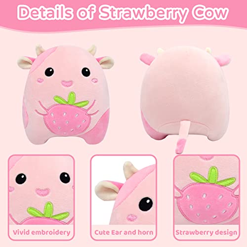 Strawberry Cow Plush Pillow Toy, 8” Kawaii Strawberry Cow Stuffed
