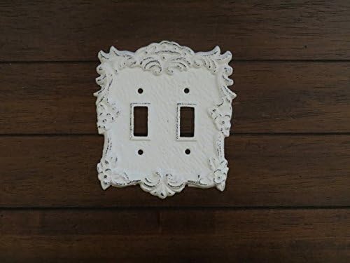 Double Light Switch Cover Toggle Hand Painted Cast Iron Antique White Distressed Cottage Chic