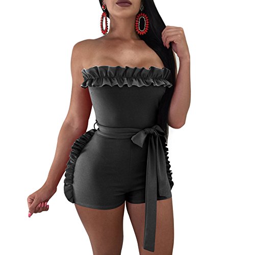 Desirepath Women Summer Strapless Tube Top Ruffled Bodycon Jumpsuit Short Pant Rompers Playsuit (M, Black)