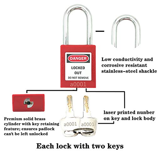 Lockout Tagout Lock Set 10 Red Keyed Alike OSHA Loto Safety Padlocks for Lock Out Tag Out