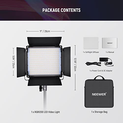 NEEWER RGB1200 60W RGB LED Video Light with APP & 2.4G Control, 22000 Lux@0.5m/1% Precise Min Dimming/360° RGB/CRI 97+/TLCI 98+/2500K-8500K/18 Light Scenes for Studio Lighting Photography Videography