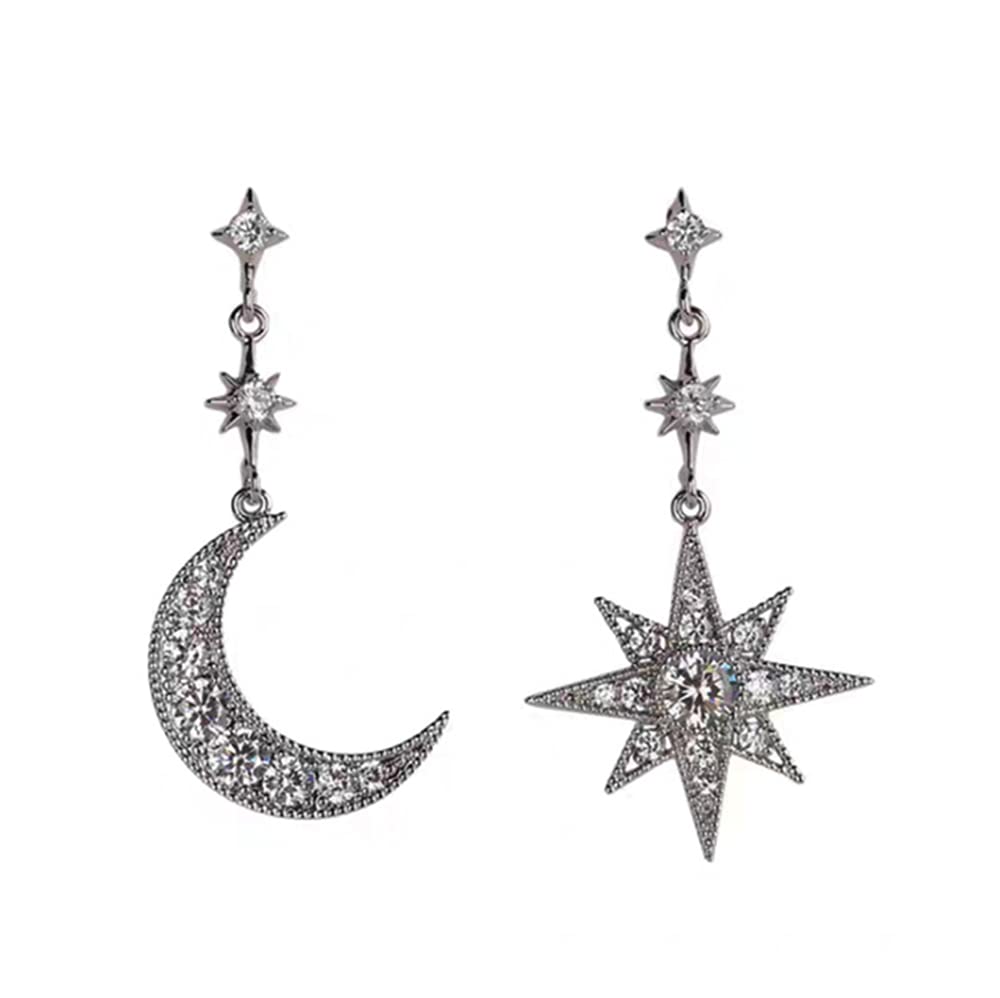 FEIFEI'S BOW Women Star Moon Fashion Jewellery Gold Silver Plated Bling Stud Earrings with Crystal Allergy Free (Silver)