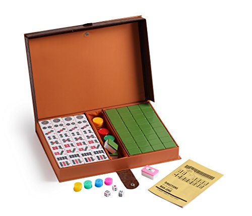 35" Mahjong Game Portable Folding Reversible Wooden Square Large Table + A Complete Set 144 Numbered X-Large Tile Mahjong for Poker/Dominoes / Card/Paigow / Mahjong Game Table with Coin Holders