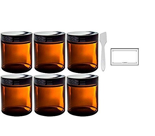 Amber Glass Straight Sided Jar - 4 oz (6 Pack) + Spatulas and Labels
