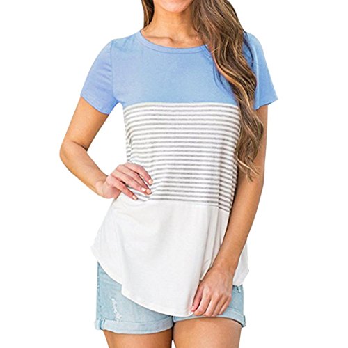 Click Here to See More Images NREALY Women Casual Short Sleeve Triple Color Block Stripe T-shirt Blouse Tee Vest