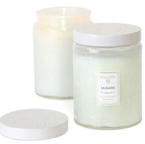 Voluspa Candle Mokara Large Embossed Glass Jar Tin Lid 16oz