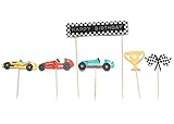 Vintage Race Car- Cupcake, Cake Toppers | 11 Pack | Checkered Flags, Trophy | Racing Car Decorations | Birthday | Baby Shower | Race Car Theme | Kids Party Decor | Dessert Topper | Food Pick