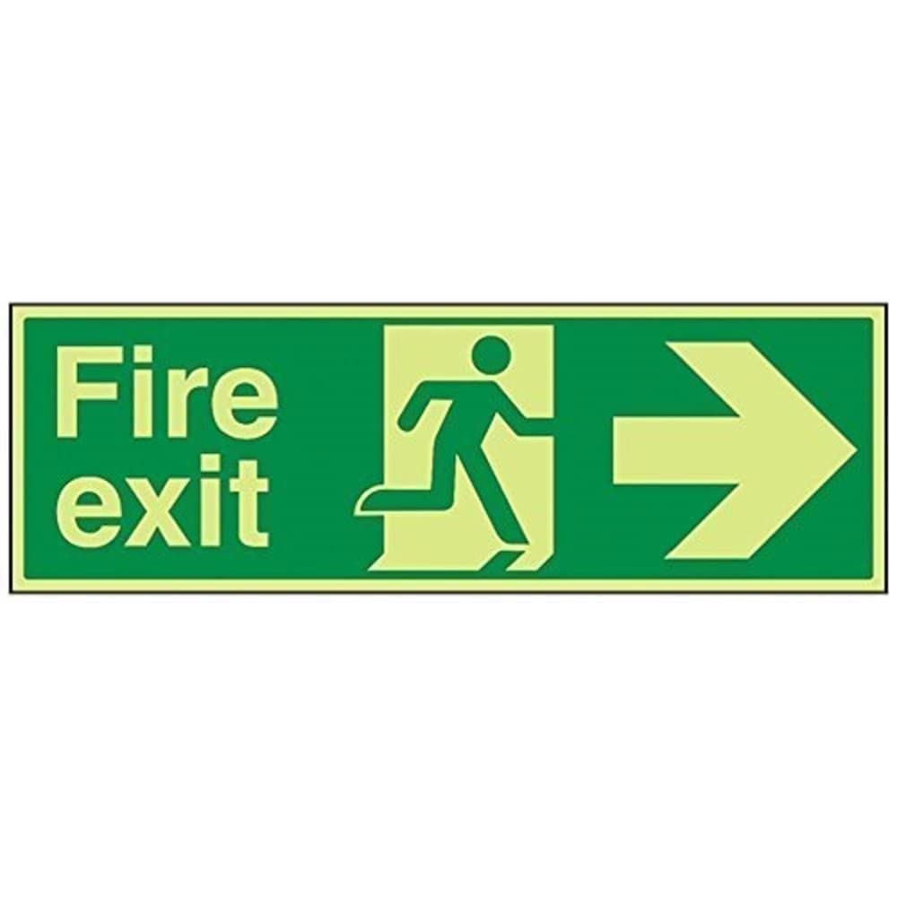 V Safety Glow In The Dark Fire Exit Arrow Right Sign - 600mm x 200mm - Rigid Plastic — image 1