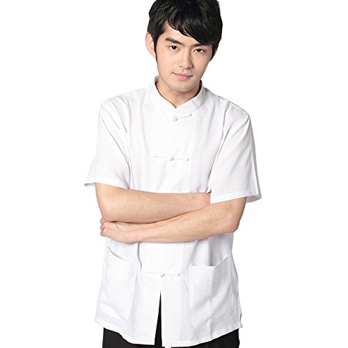 FangNer Men's Chinese Traditional Short Sleeve Frog Button Tang Suit Linen Shirt White