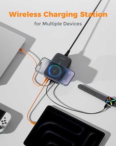 TESSAN Cargador Inalámbrico 6 en 1 Magnético, PD 65W Estación de Carga con USB-C, Carga Rápida para iPhone 15/16/17, MacBook y Tableta, Ideal para Hogar, Oficina y Viajes