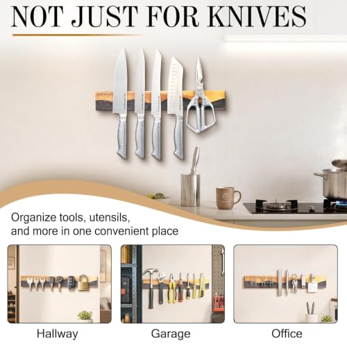 MEN WITH THE POT Magnetic Knife Strips, 16 Inch Magnetic Knife Holder for Fridge Wall, Acacia Wood & Black Resin Knife Magnetic Strip Use as Knife Bar, Knife Holder for Kitchen Utensil Organizer