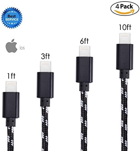 GOPROOF 4Pack for 1FT 3FT 6FT 10 FT Nylon Lightning Cable USB Syncing and Charging Cable Cord Charger for iPhone 7,7 Plus,6S,6 Plus,SE,5S,5,iPad,iPod Nano 7(each 1pcs) (black white)