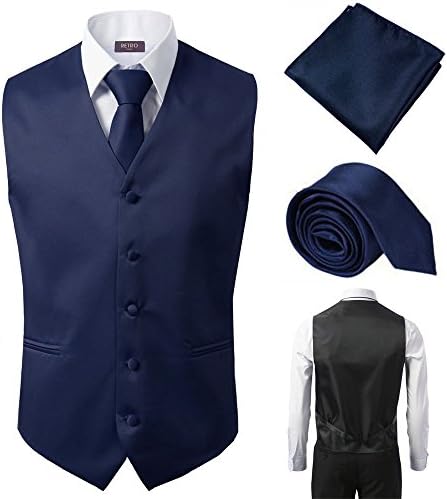 3 Pcs Vest + Tie + Hankie Fashion Men's Formal Dress Suit Slim Tuxedo Waistcoat Coat Navy