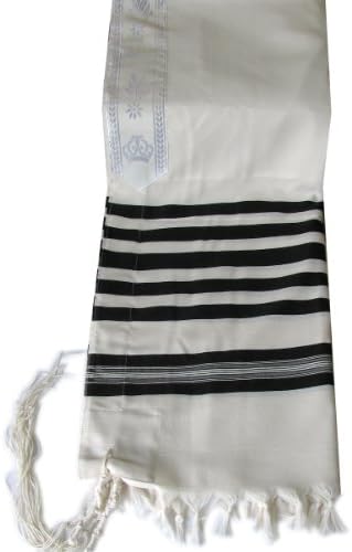 100% Virgin Wool Non Slip Tallit Ateret Hatzvi in Black and White Stripes Size 60" L X 72" W (70) with Handmade Thick Tzitzis Strings Tied On Ashkenaz