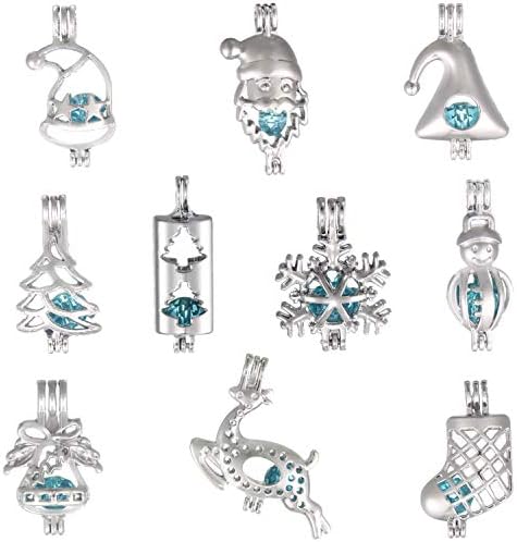 10 Pcs Christmas Pearl Bead Cage Pendant - Essential Oil Diffuser Charms for Choker Necklace Bracelet Earrings Jewelry Making