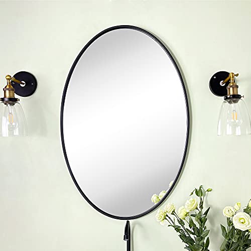 TEHOME Farmhouse Oval Bathroom Mirror Black Metal Framed Bathroom