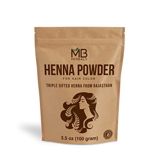 MB Herbals 100% Pure & Natural Henna Powder 100 Grams / 3.5 oz For Hair Color | For Natural Orange-Red Hair Color | Triple Sifted | No Preservatives