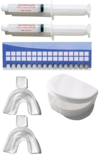 Teeth Whitneing kit to use at home with 2 syringes of 10ml non-peroxide gels, mouth trays and case, and a shade guide to track your progress