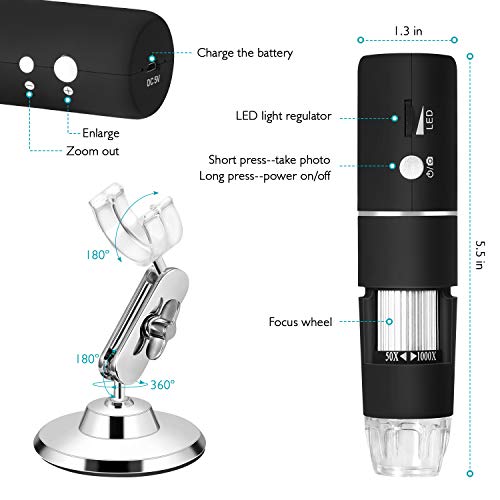 WiFi Digital Microscope, VSATEN Built in Wireless Microscope Camera 1080P HD 2MP 50x to 1000x Magnification Endoscope 8 LED Android, iOS, Smartphone, Tablet, Widows, iPad, Mac PC (Black) - Thumbnail 4