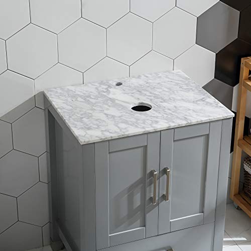 24" Grey Bathroom Vanity Cabinet and Sink Combo Glass/,Marble Top Wood w/Sink Faucet &Drain set (Solid Wood + Marble Top)