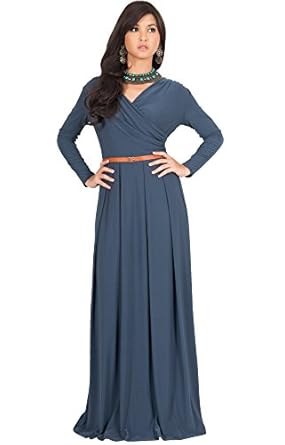 KOH KOH Womens Long V-Neck Full Sleeve Semi Formal Flowy Evening Cute Maxi Dress