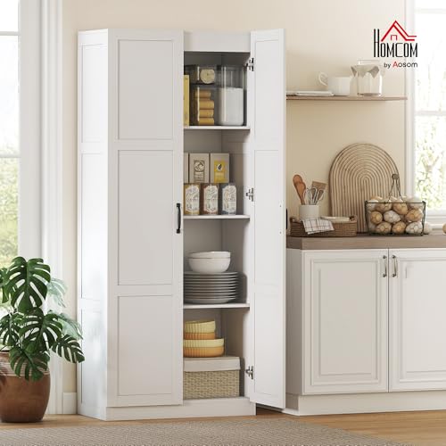 HOMCOM 71" Tall Kitchen Pantry Cabinet with Soft-Close Hinges, Modern Farmhouse Freestanding Pantry Storage Cabinet with 2 Framed Doors, 4 Adjustable Shelves, White