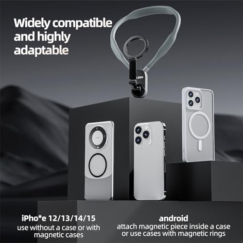 TELESIN Magnetic Neck Mount for Phones, Neck Cell Phone Holder POV/Vlog Selfie Mount Hand Free Phone Neck Holder Chest Stand Strap Video Recording for iPhone 15 14 13 12 Seires Android Phones(Gray)