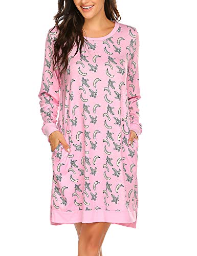 Hotouch Women's Pocket Sleepshirt Nightgown Long Sleeves Casual Print Sleepdress Plus Size Pink XXL