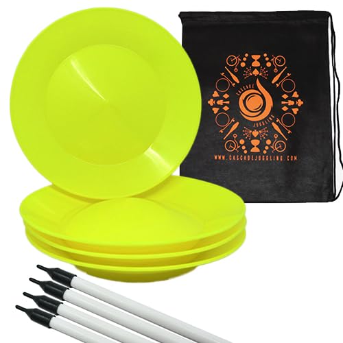 Cascade Juggling Set of 4 Spinning Plates and Sticks - Flexi Kid's Plate Spinning Set - Includes Carry Bag (Yellow)