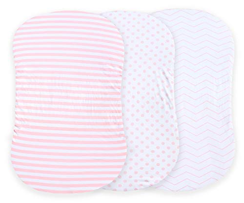 NODNAL CO. Pink Bassinet Fitted Sheet Set 3 Pack 100% Jersey Cotton for Baby Girl - Chevron, Polka Dot and Stripe 160 GSM Sheets