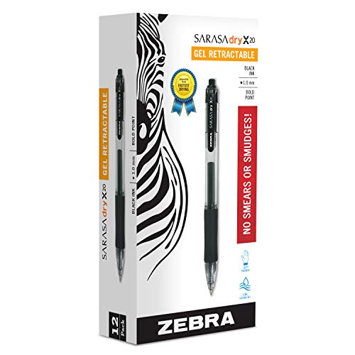 Zebra Pen Sarasa X20 Retractable Gel Ink Pens, Bold Point 1.0mm, Black, Rapid Dry Ink, 12 Pack (Packaging may vary)
